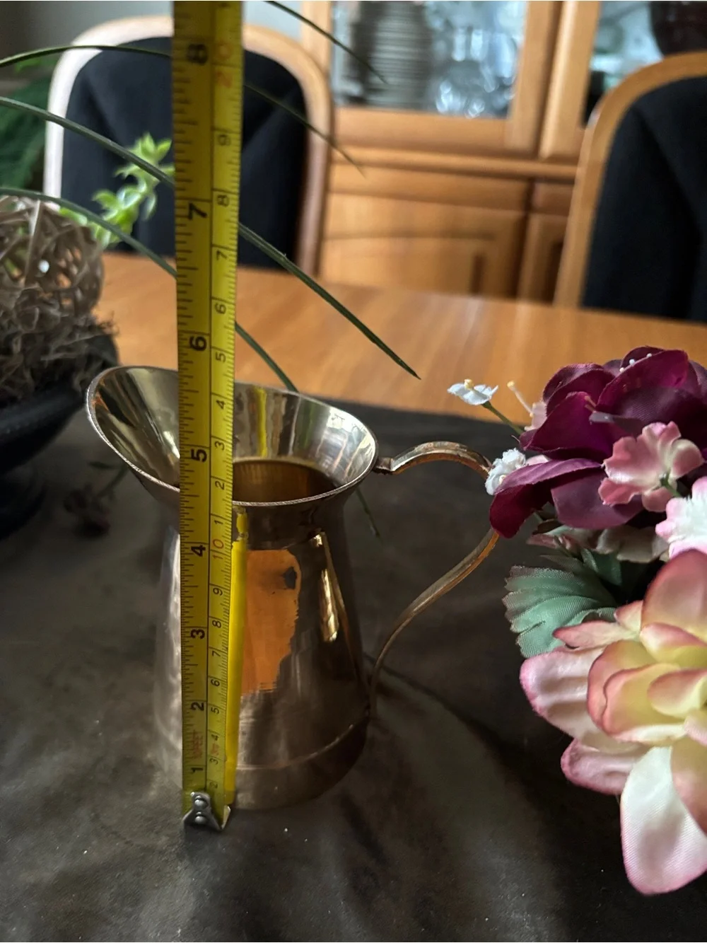 Brass Candle Holder with Floral Arrangement with Burgundy Candle - Brass Pithcer